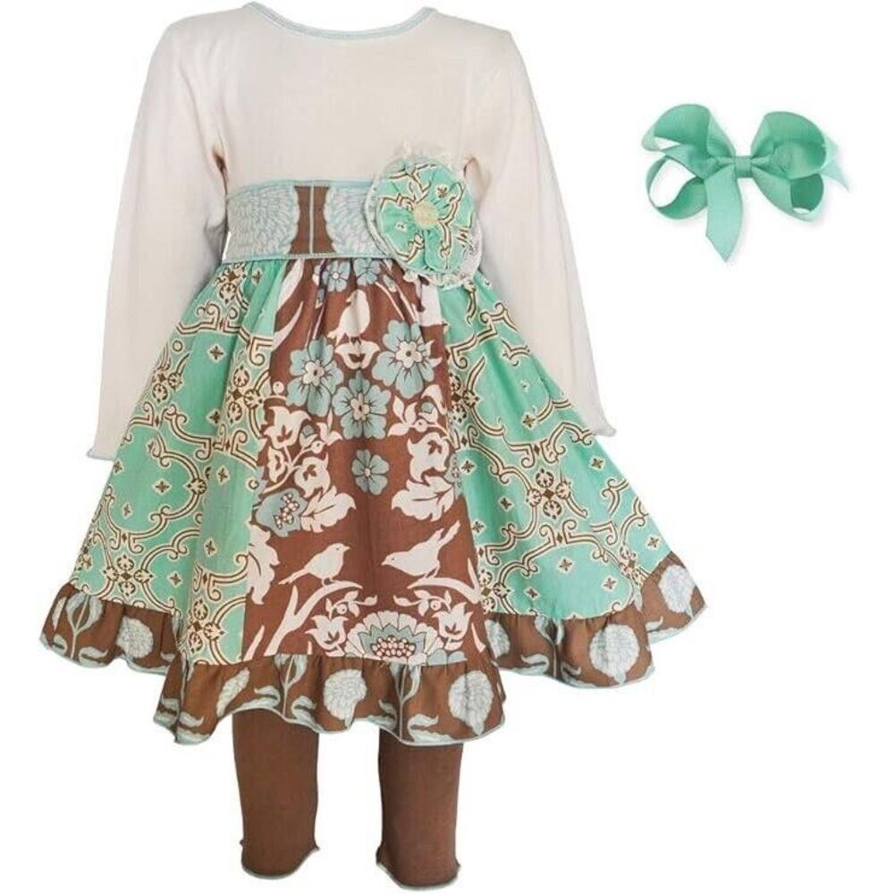 Ann Loren BNWT Girl's Autumn Outfit Mint Green‎ Floral & Birds Dress Size 6